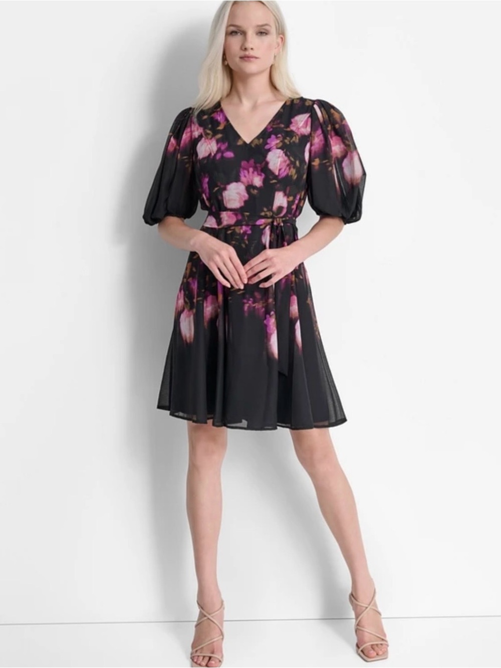 DKNY Black Midi Dress with Pink & Purple Floral Print Size 0P